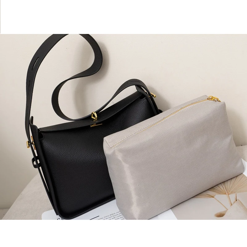 New Niche Luxury Designer Shoulder Crossbody Armpit Bag Head Layer Cowhide Leather Ladies Wide Shoulder Strap Large Capacity Bag - Image 4