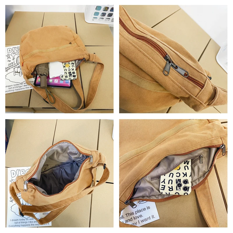 Canvas Bags For Women Vintage Handbags Casual Shoulder Crossbody Bag Eco Bag Korean Messenger Bag Y2K Unisex Black Shopper Bag - Image 5