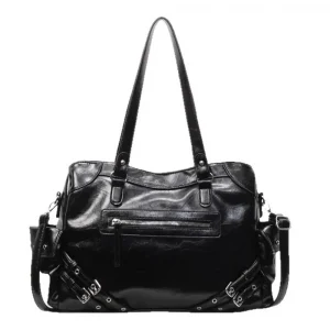 Retro Street Large Capacity PU Leather Tote Bag Soft Interior Zipper Closure Shoulder Bag Y2K Style Handbag Women Fashion