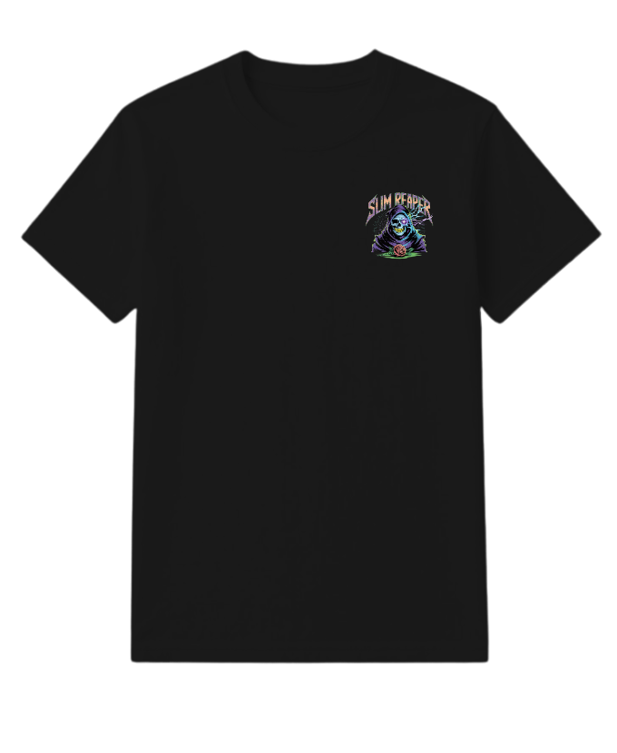 Slim Reaper Grim Reaper Skull With Lightning And Rose Artwork T-Shirt - Image 3